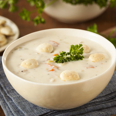 Clam chowder is a type of soup or broth that is made of clams, onions, potatoes, celery, and carrots.